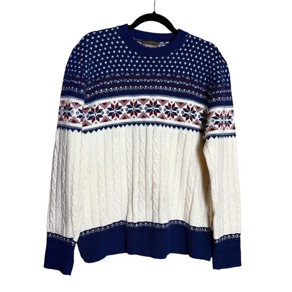 Vintage Wool Campus 80s Fair Isle Holiday Cableknit Heavy Knit Winter Sweater XL